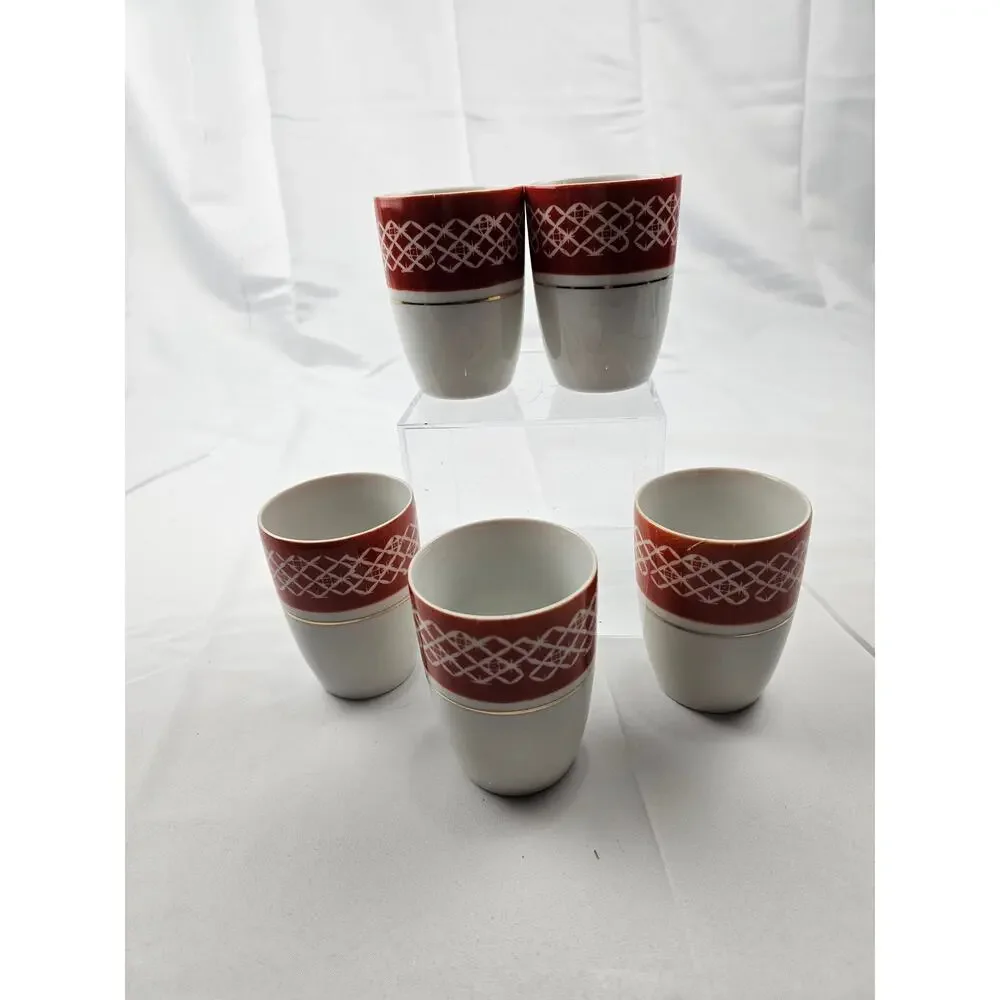 Japanese Ceramic Tea Cup Set of 5 Red White Lattice Gold Rim Signed with Box‎